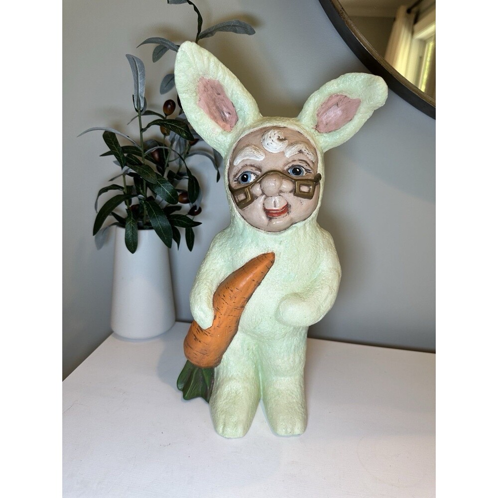 VTG 1970s Ceramic Easter Garden Gnome in Bunny Suit Glasses Holding Carrot 13”